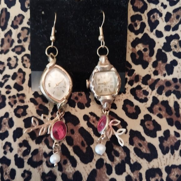 Jeaniemade Jewelry - 2602 Upcycled Watch Face Earrings With Gold and red/white, 3" Long. Nickle free